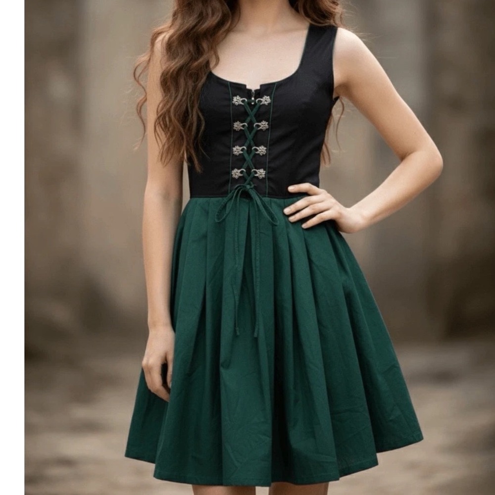 Edelnice Trachtenmode Dirndl Dress Black Green‎ Lace Up Oktoberfest Size 52